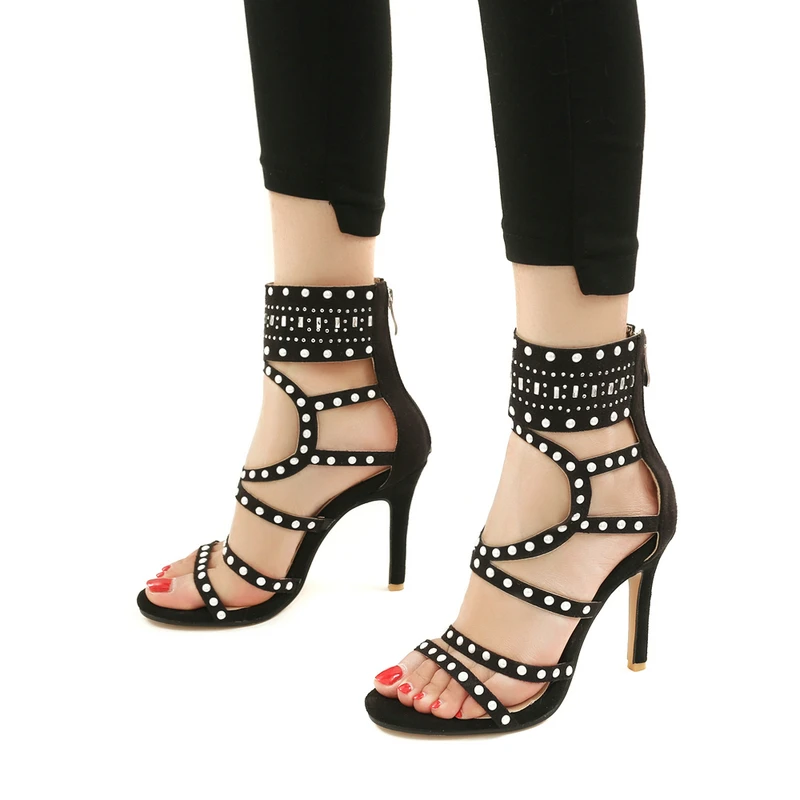 

2022 New Fashion Women Shoes Comfort Thin High Heels Open Toe Sandals Sexy Fretwork Zipper Ladies Shoes Free Shipping Size 46