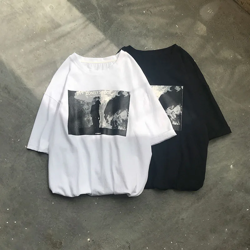 

Винтажная футболка из хлопка и полиэстера, свободная футболка с круглым вырезом и рукавом до локтя в стиле Харадзюку, женская одежда в гонко...