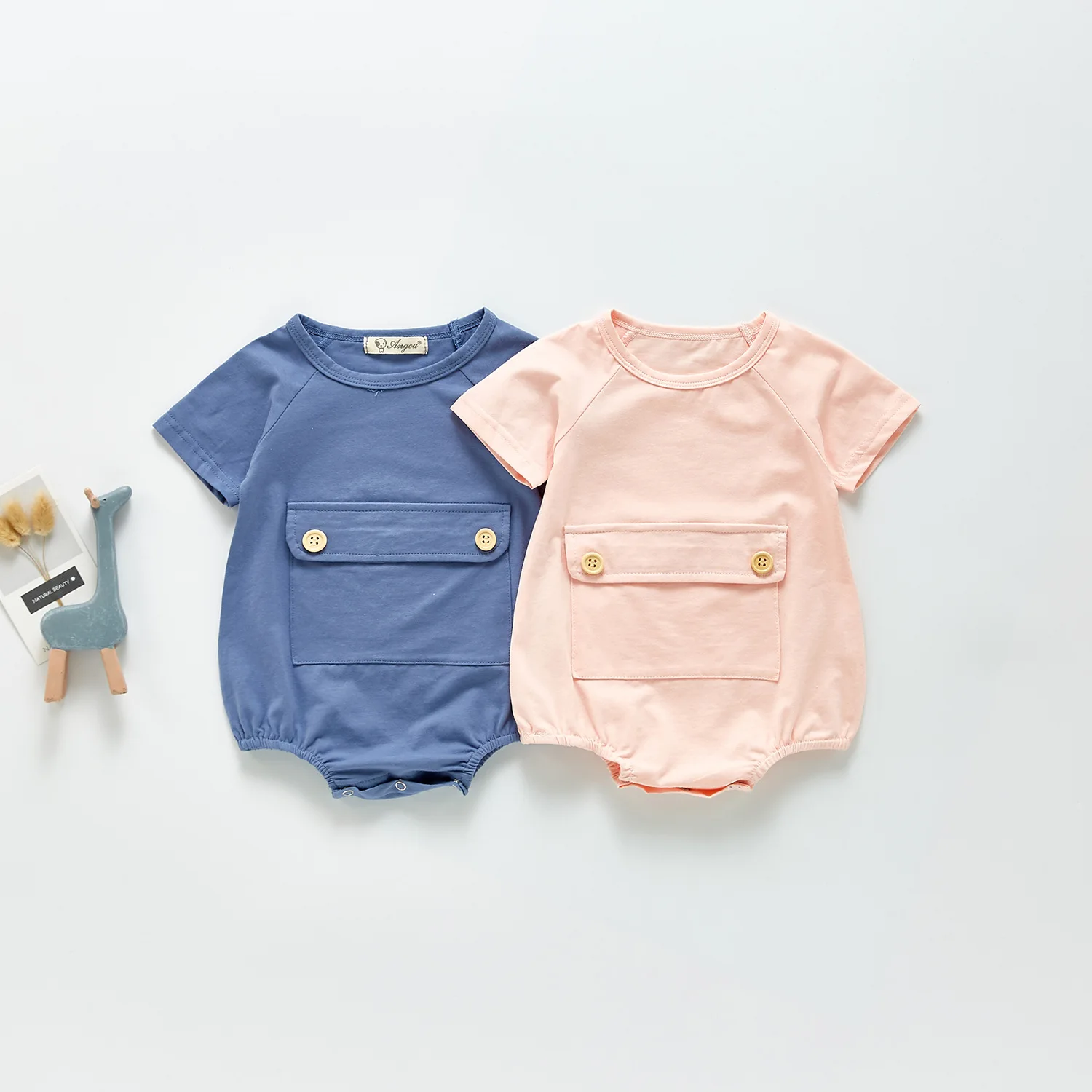 

2021 Summer New Cotton Baby Short Sleeve Big Pocket Candy Color Short Sleeve Jumpsuit Girls Comfortable Jumpsuit