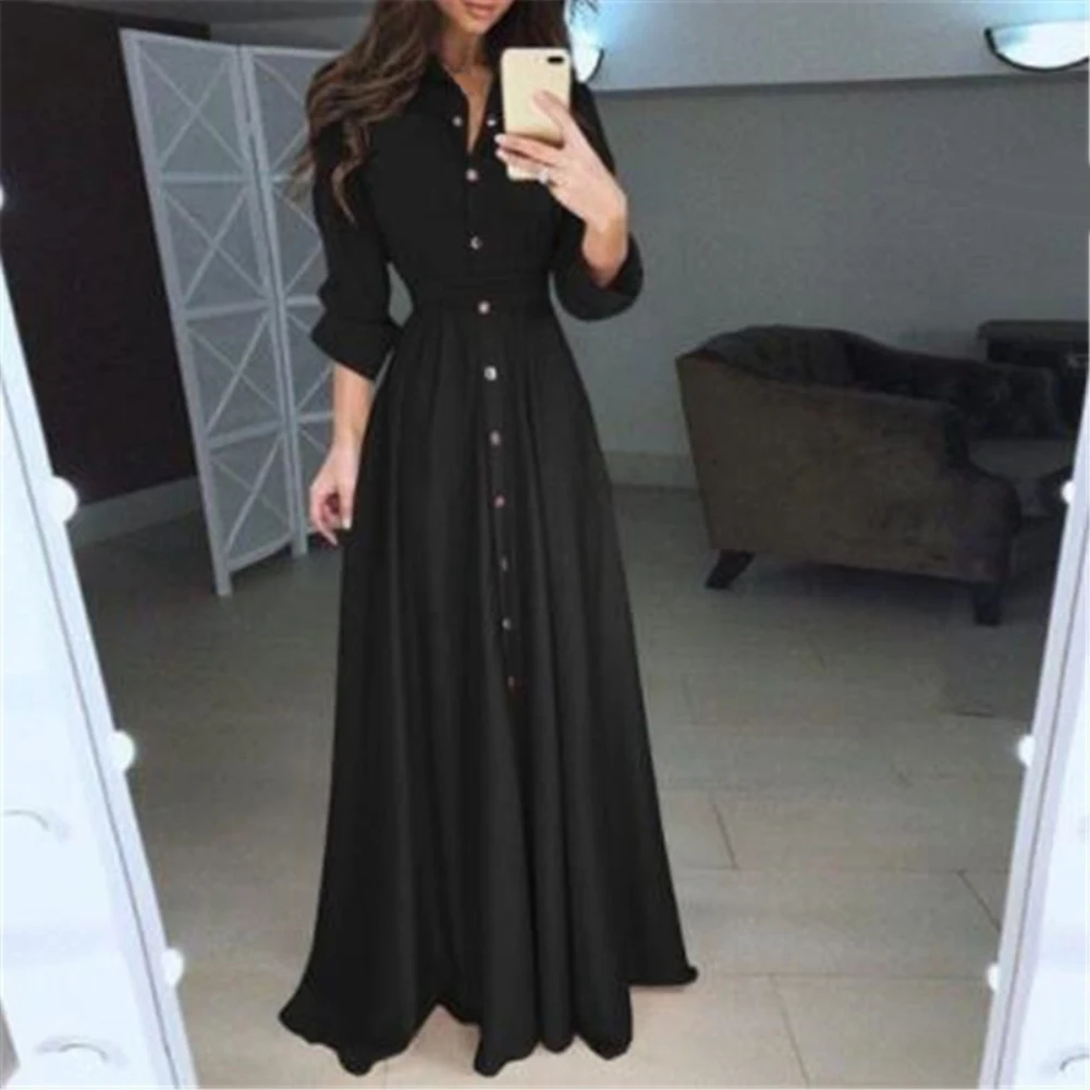Женское однобортное платье макси на пуговицах с длинным рукавом и отложным