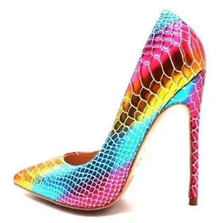 Sexy Iridescent Snake Leather High Heel Pumps Python Printed Mixed Patchwork 12 CM Stiletto Heels Banquet Party Dress Shoes