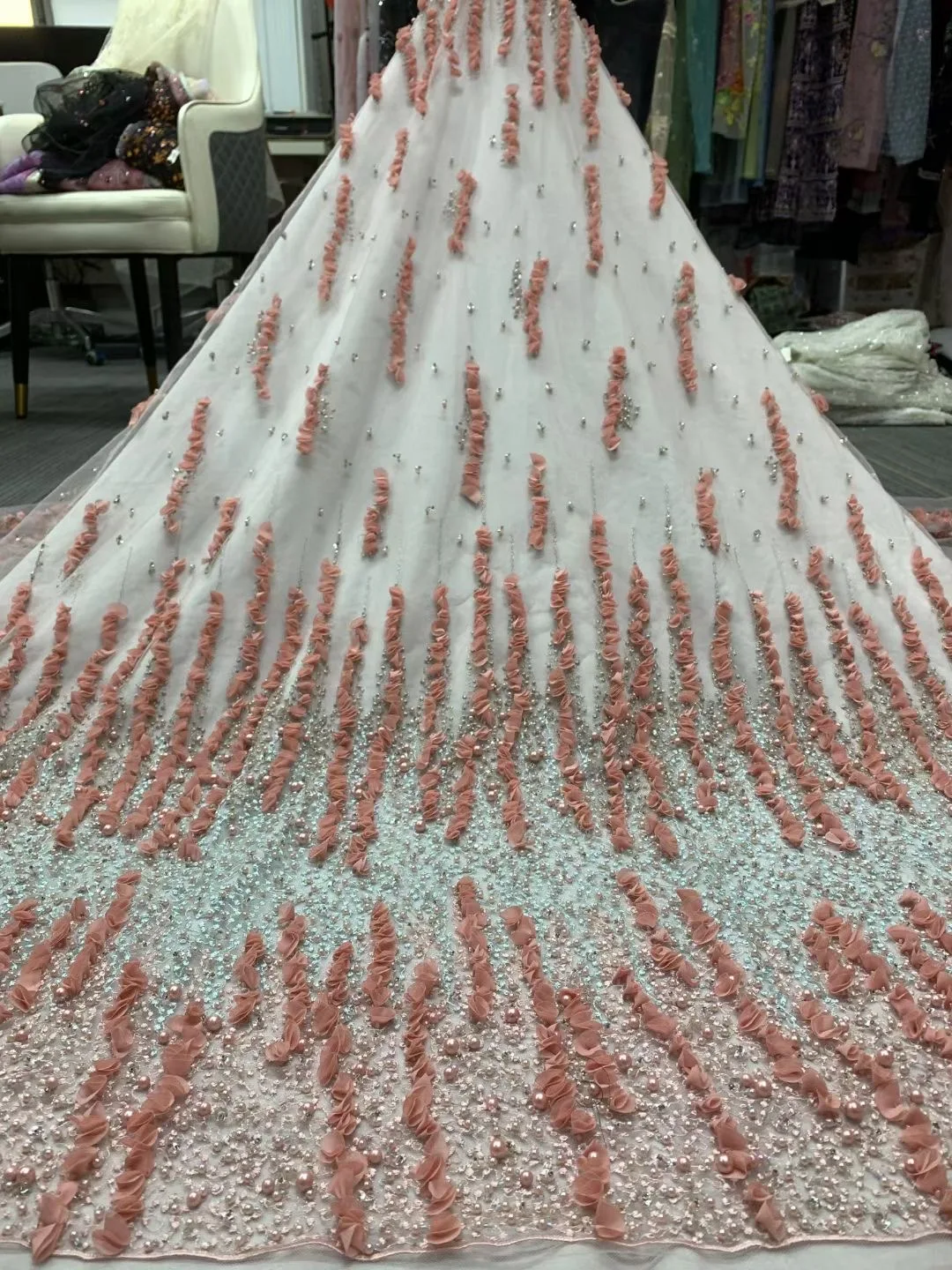 

(5yards/pc) High quality 3D flowers appliqued French net lace with lots of beads embroidery African wedding tulle lace FBL036