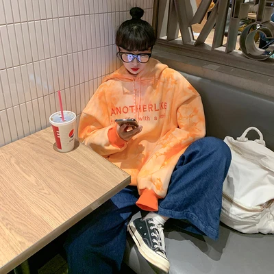 

HanLadies Harajuku стиль tie-dye плюс бархатный толстый топ с капюшоном Повседневная оранжевая трендовая одежда