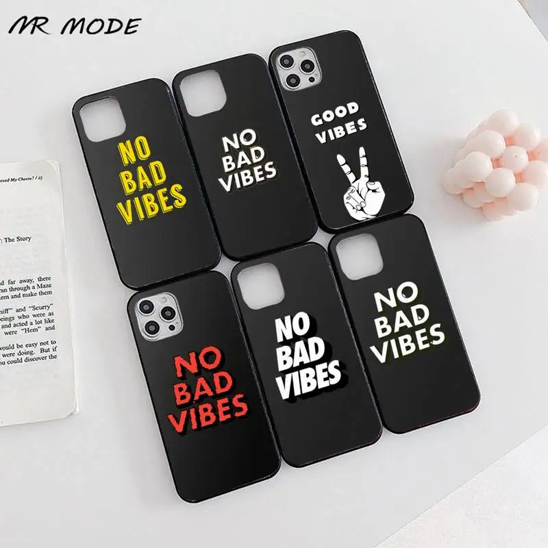 

No Bad Vibes colorful Text Phone Case Candy Color for iPhone 6 7 8 11 12 s mini pro X XS XR MAX Plus
