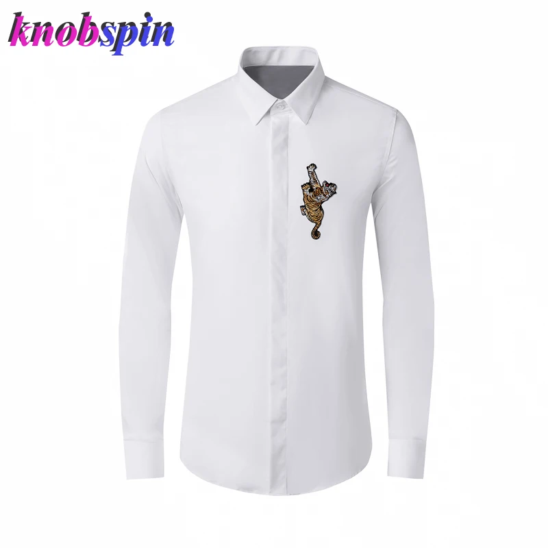 

Elegant Tiger Embroidery Men's Long sleeve Shirt Solid Slim Casual Business male dress shirts Plus size M-4XL Cotton Shirts