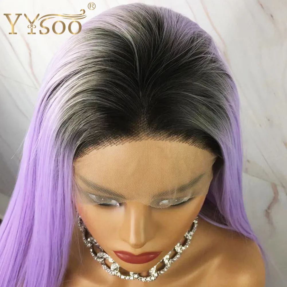 YYsoo длинный 13X4 шелковистый прямой 1b/фиолетовый Омбре синтетический кружевной