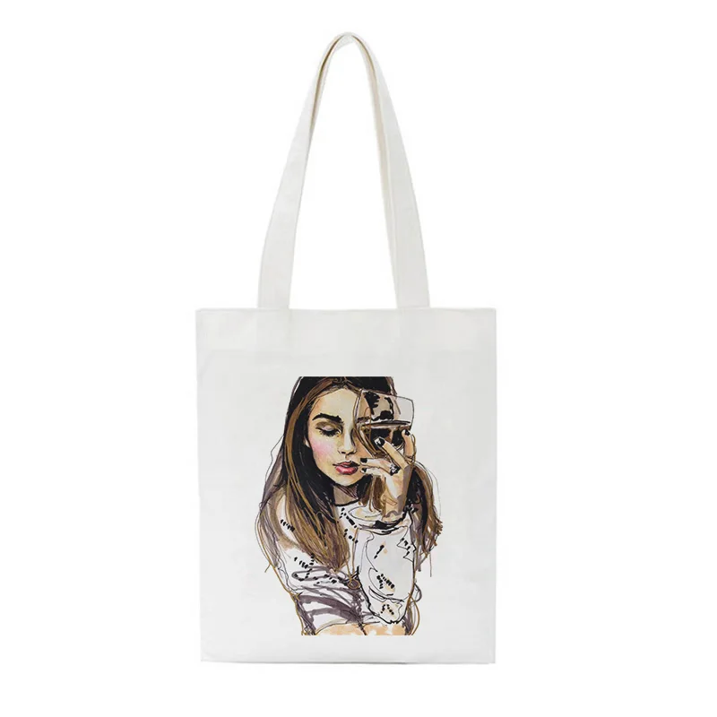 

Women Drinking Wine Cool Girl Printed Shoulder Canvas Bags Casual Bag 2021 New Street Handbags Reusable Bag Large Capacity
