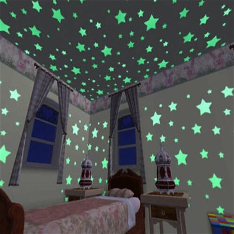 100PCS Kids Bedroom Fluorescent Glow In The Dark Stars Wall Stickers Home Decor Christmas Decoration Star Moon | Дом и сад