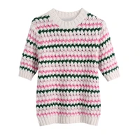 women 2021 fashion striped knit ribbed trims sweater vintage o neck short sleeve female pullover chic tops