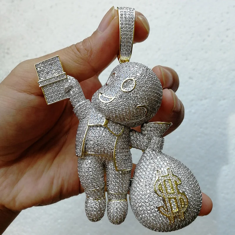 Hip Hop AAA Cubic Zirconia Paved Bling Iced Out Angel Give Dollars Money Pendants Necklace for Men Rapper Jewelry