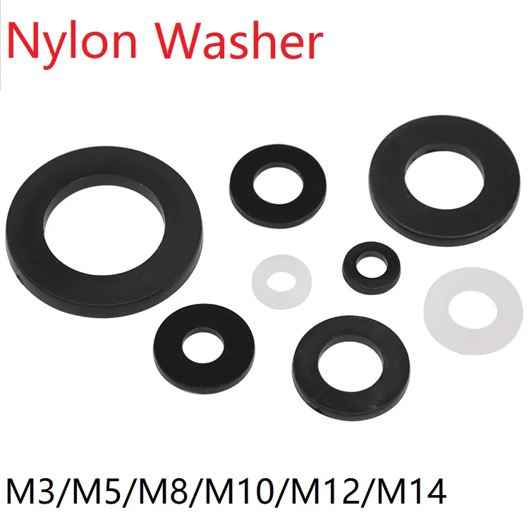 

20pcs Nylon Washer M3 M5 M8 M10 M12 M14 Plastic Seals Spacer Plated Flat PA66 Insulation Plain Round O Ring Gasket White Black