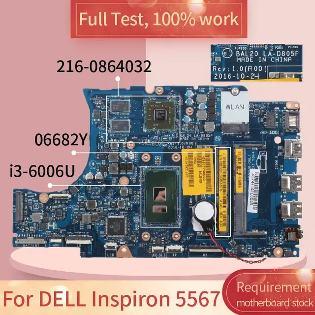 For dell inspiron 5567 la-d805p 06682y sr2uw i3-6006u 216-08640324 ddr4 notebook motherboard mainboard full test 100% work