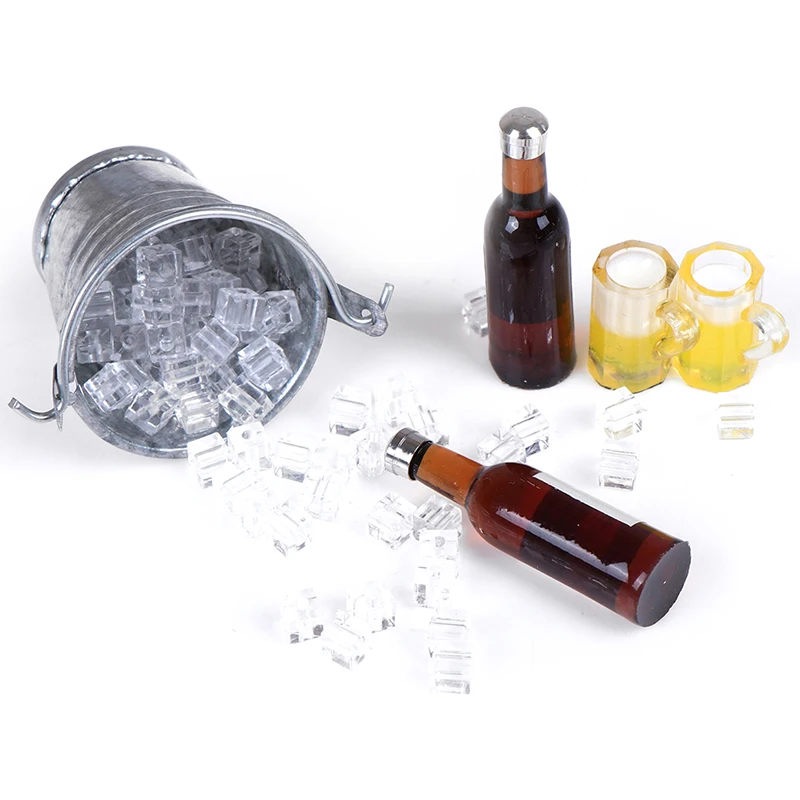 

1Set 1/12 Scale Dollhouse Beer Bottle Bucket Ice Cube Cups Play Dollouse Food Furniture Toy