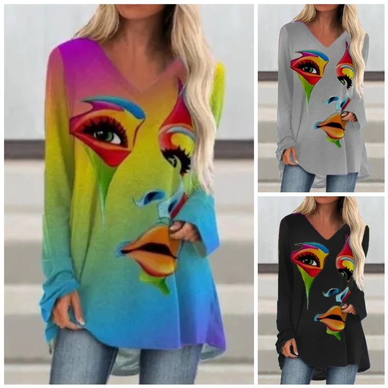 

Women Fashion O-Neck Art Printing T-shirt Aesthetic Harajuku Tee Plus Size Casual Long-sleeved Irregular Shirt Ladies T-shirt