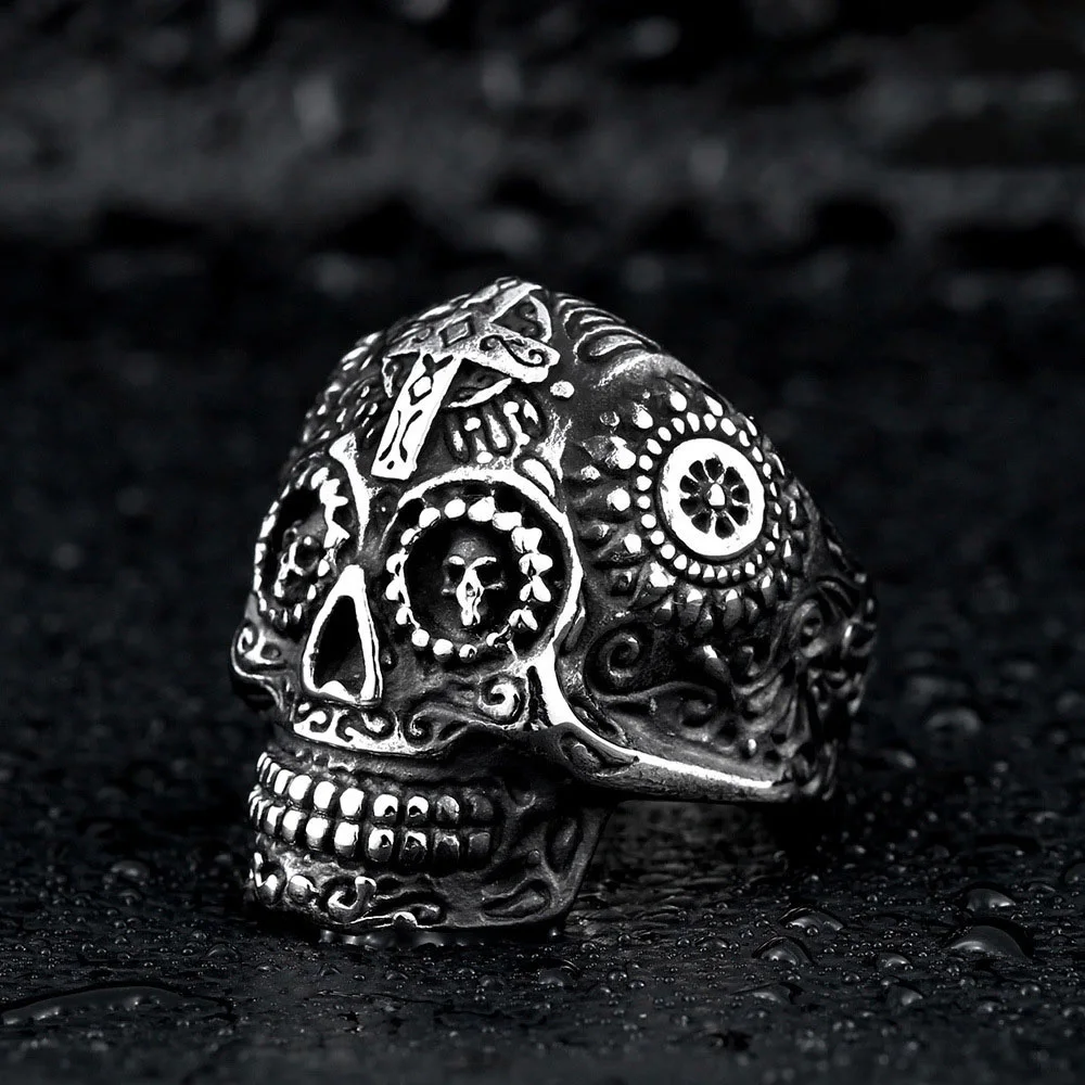 

Vintage Gold Cross Skull Titanium Steel Skull Biker Gothic Punk 316L Stainless Ring For Men Retro Male Design Round Bands Rings