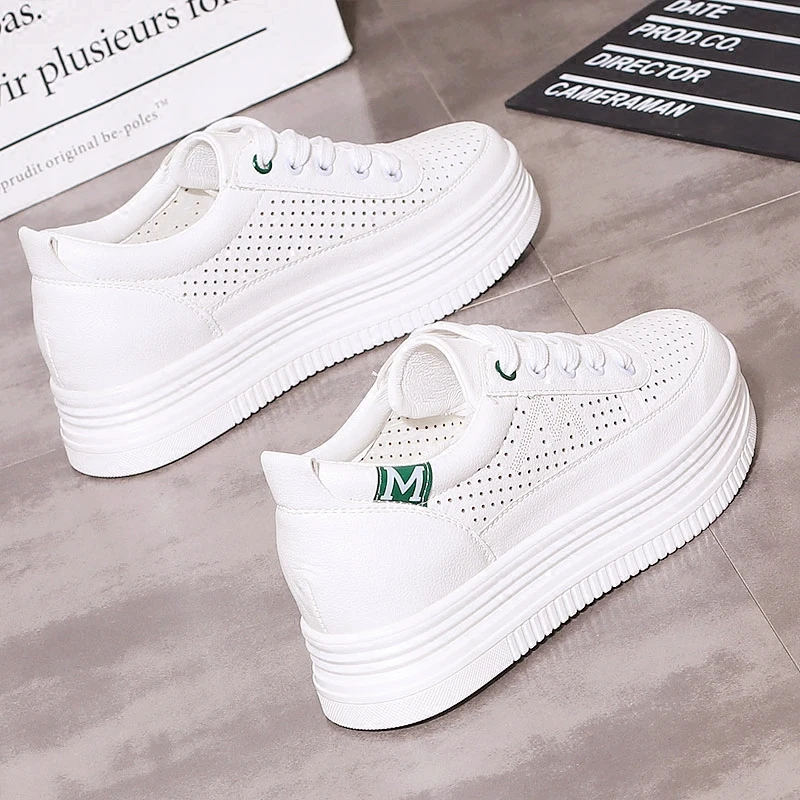 Женские кроссовки на платформе белые дышащие шнуровке повседневная спортивная