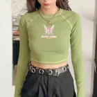 Y2Kмилые зеленые топы с рисунком и надписью в стиле E-girl, облегающие короткие футболки с круглым вырезом и длинными рукавами, футболка