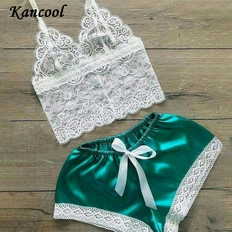 

KANCOOL Sexy Satin Lace 2 Sets Lingerie Women Vintage Sleepwear V-Neck Camisole Pijamas See Through Seamless Underwear Nightwear