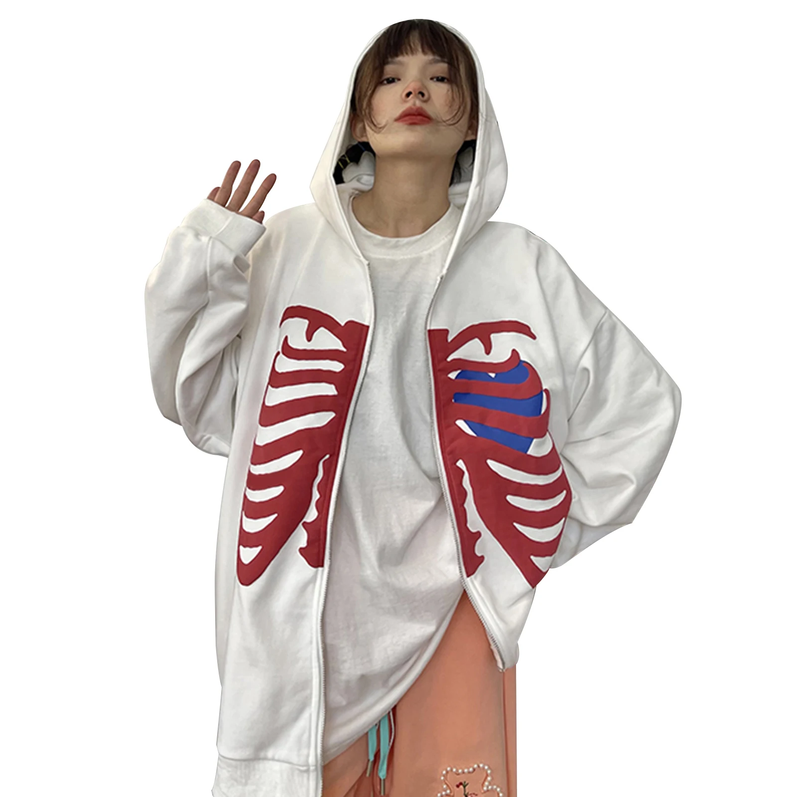

Zip-up Y2K Harajuku Loose Skull Print Goth Hoodies Women Grunge Hooded Coat Solid Color Retro Clothes Skull Sweatshirt Women