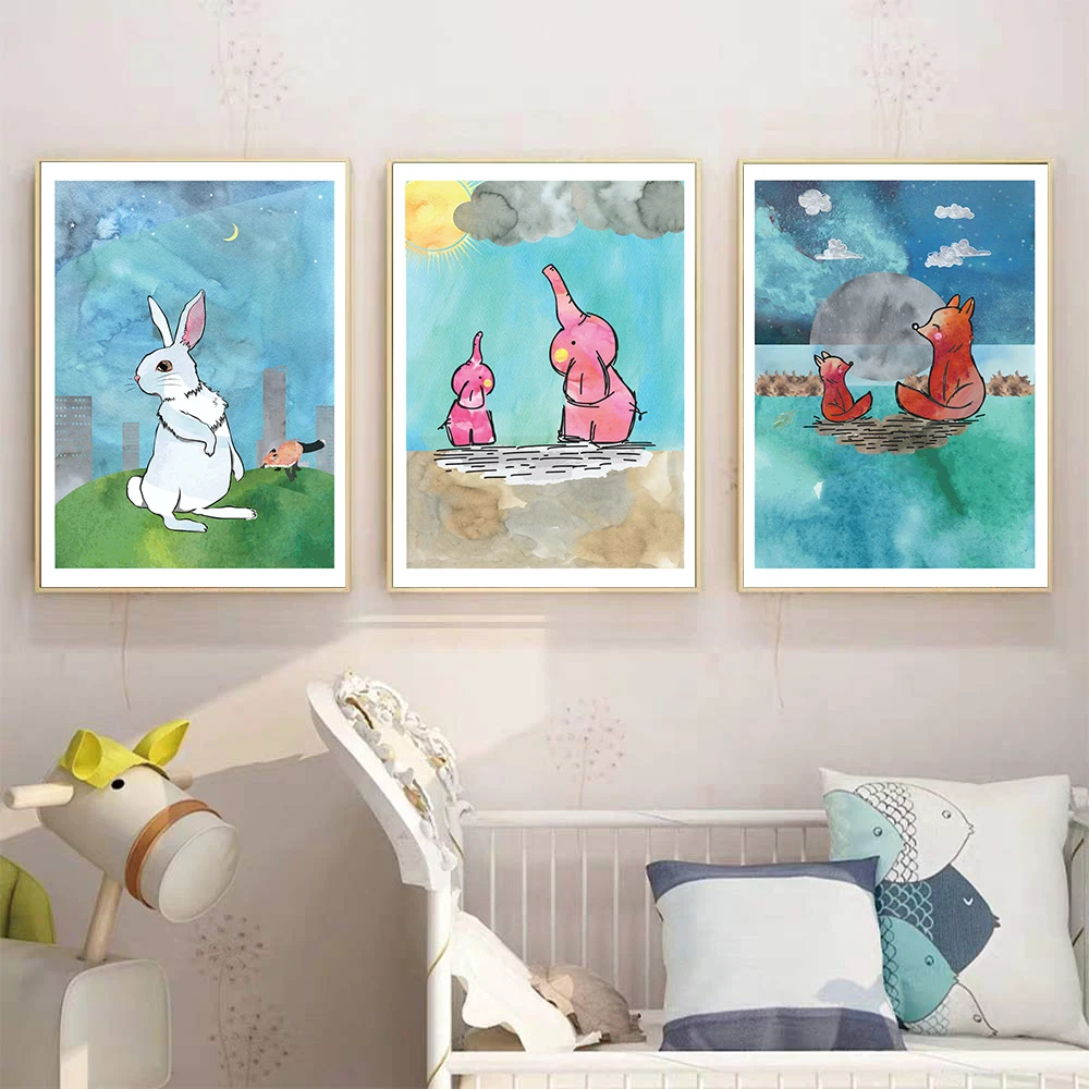 

Cartoon Wall Decor Watercolour Pink Elephant Rabbit Posters And Prints Canvas Painting Wall Art Picture For Kid's Bedroom Decor