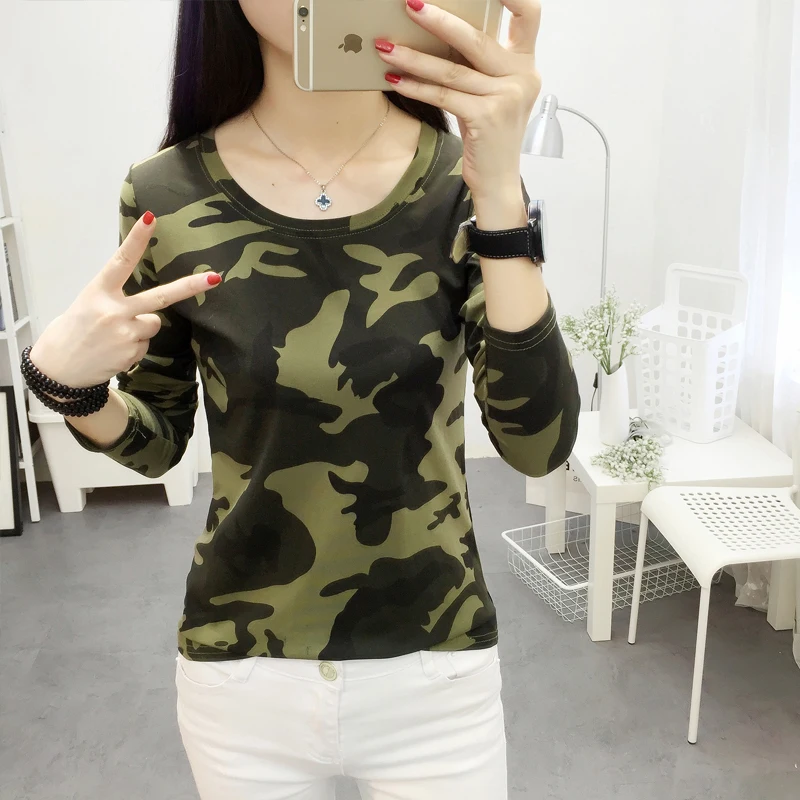 

Spring Autumn Women T-Shirt Retro camouflage Bottoming t Shirt harajuku Korean O-neck slim Long Sleeve 90s tops graphic t shirts