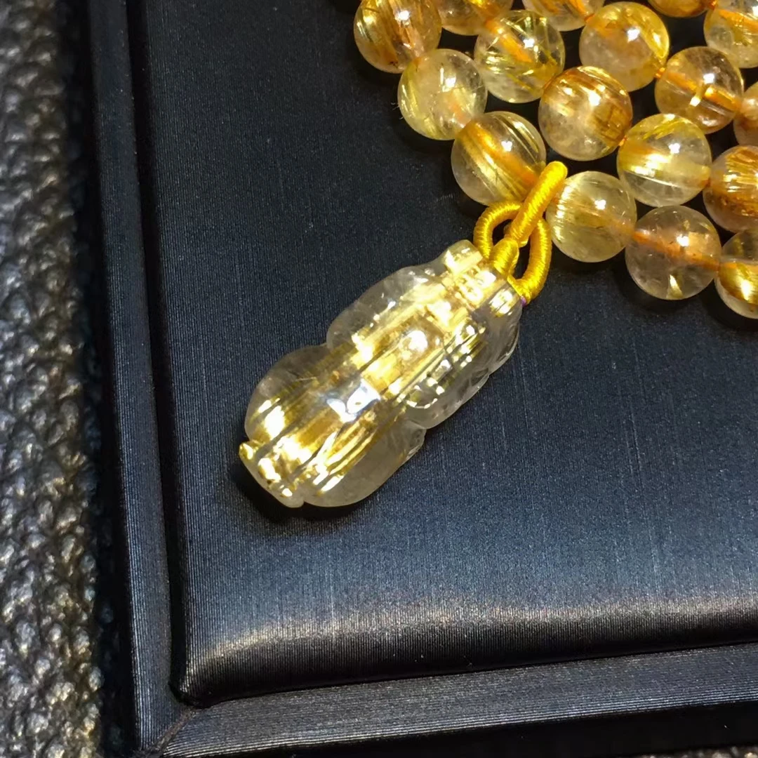 

Natural Gold Rutilated Quartz Crystal Woman Bracelet 3 Laps Clear Round Beads 6.5mm Jewelry Pi Xiu Pendant Genuine AAAAA