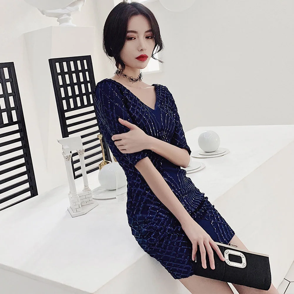 HS Kellio пикантное платье цвета коктейль Vneck темно-синий Мини Короткие рождественские вечерние платья блестящее кружево