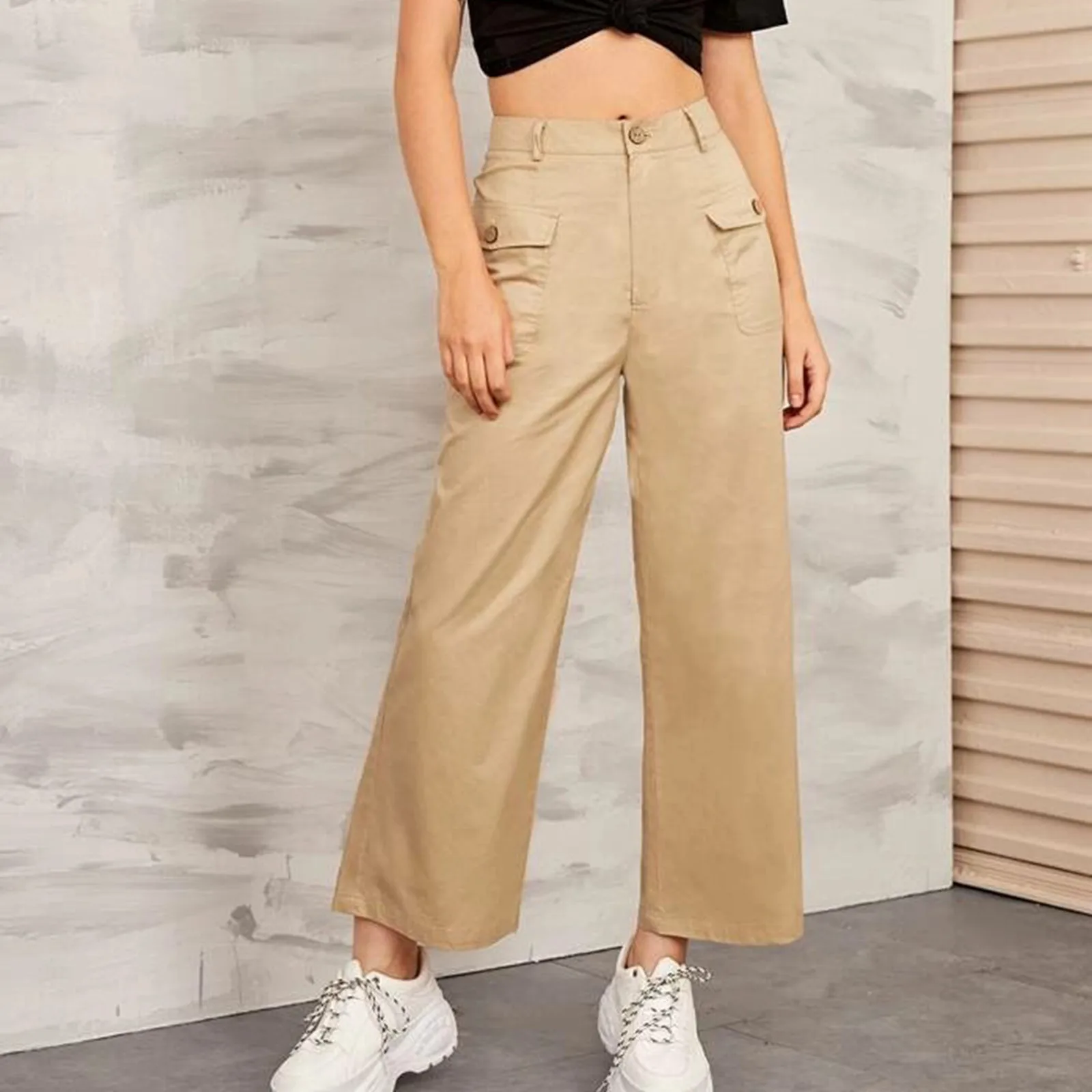 

2021 Autumn Women Trousers Fashion Fitness Sport Solid High Waist Pocket Loose Straight Trousers Casual Button Sport Pants