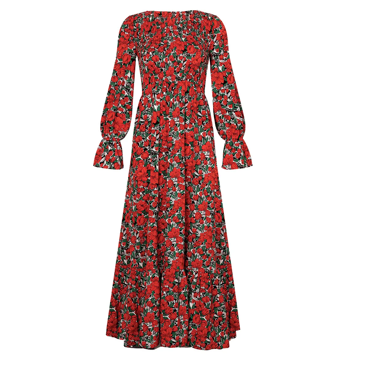 

Boho Women Floral Print Long Flare Sleeve Robe Maxi Dress Autumn Winter New O-neck Stretchy Buse High Waist Ruffle Party Vestido
