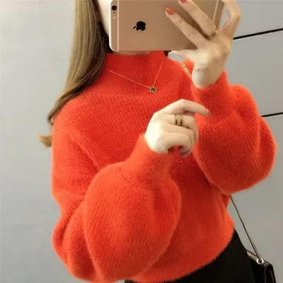 Женская Повседневная норковая кашемировая водолазка короткий свитер с