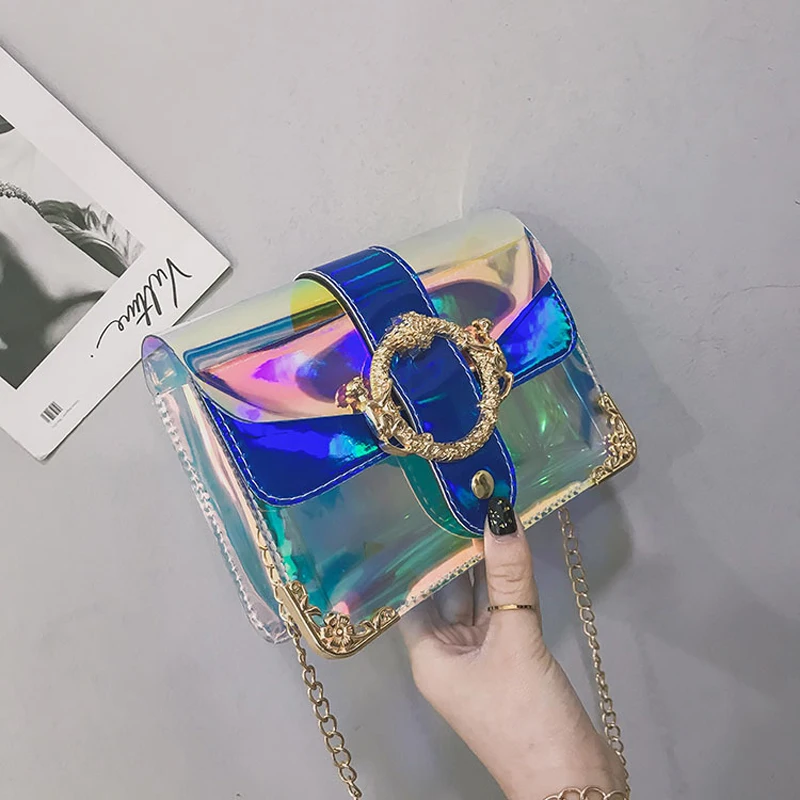 

2021 New Woman Bag Fashionable Colorful Chain Small Square Bag Laser Transparent Messenger Bag