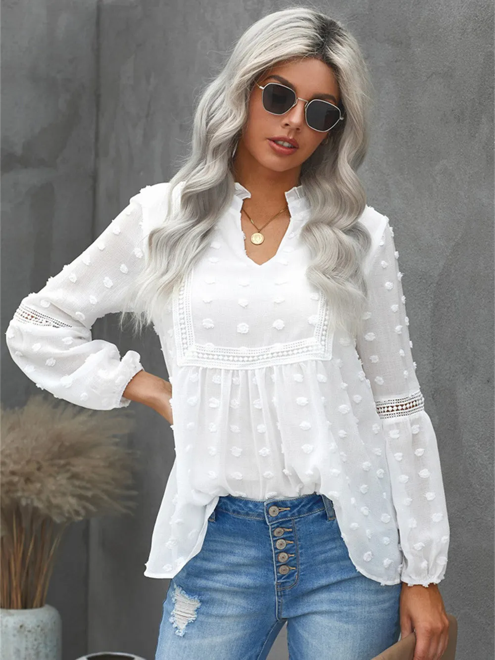 

Alogant Для женщин Винтаж Шифоновая блузка сетки крючком кружевной вставкой мелкий горошек Boho рубашки Струящееся платье-туника Топ