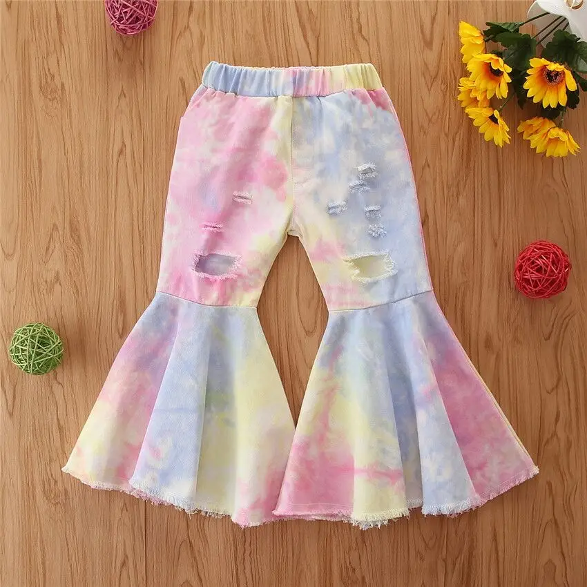 

Fashion Kids Baby Girls Flare Pants Tie-Dye Printed Denim Elastic High Waist Hole Trousers Pants