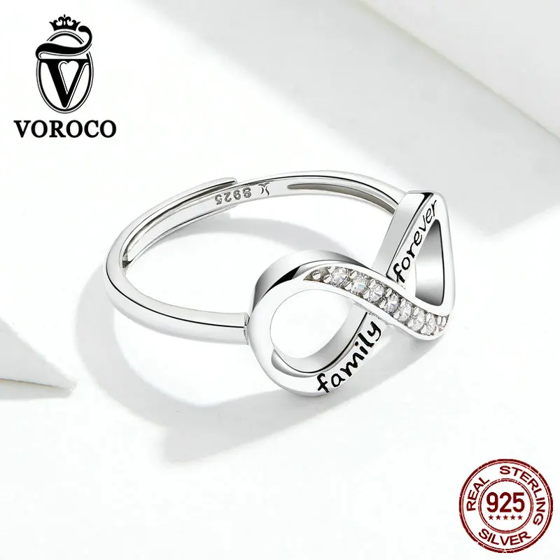 Voroco настоящий 925 пробы серебряный комплект ювелирных изделий Бесконечность Любовь Семья навсегда цепи ожерелье и кольцо для женщин ювелирные изделия