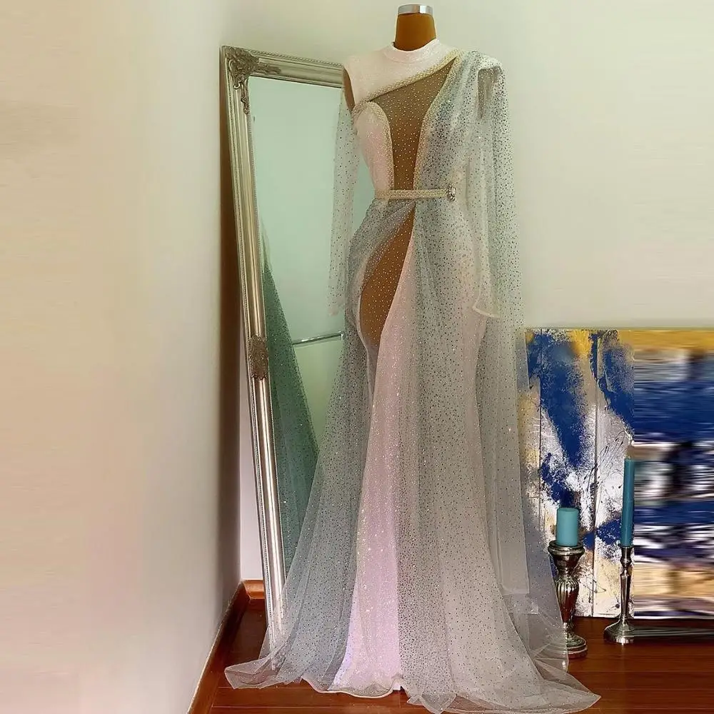 

Sparkling Sequins Pageant Dresses With Tulle See Through Beaded Mermaid Prom Dress Long Sleeve Evening Dress Plus Size