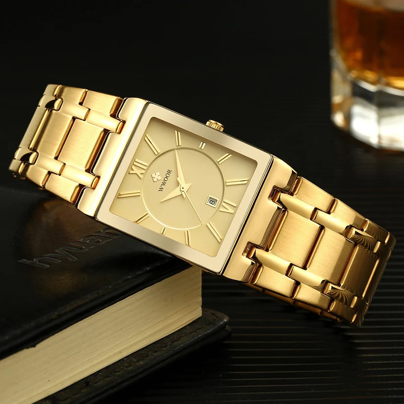 

Relojes 2021 Golden Watch Men Quartz Square Watch with Stainless Steel WWOOR Top Brand Luxury Gold Waterproof Date Wrist Watches