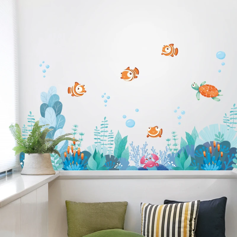 Cartoon Ocean PVC Wall Stickers for Kids rooms Bathroom Nursery Decor Waterproof Vinyl Baseboard Decals Art Home Decoration | Дом и сад