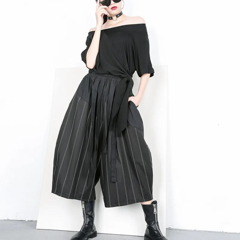 LANMREM 2020 весенние женские модные полосатые Лоскутные широкие брюки с лентами