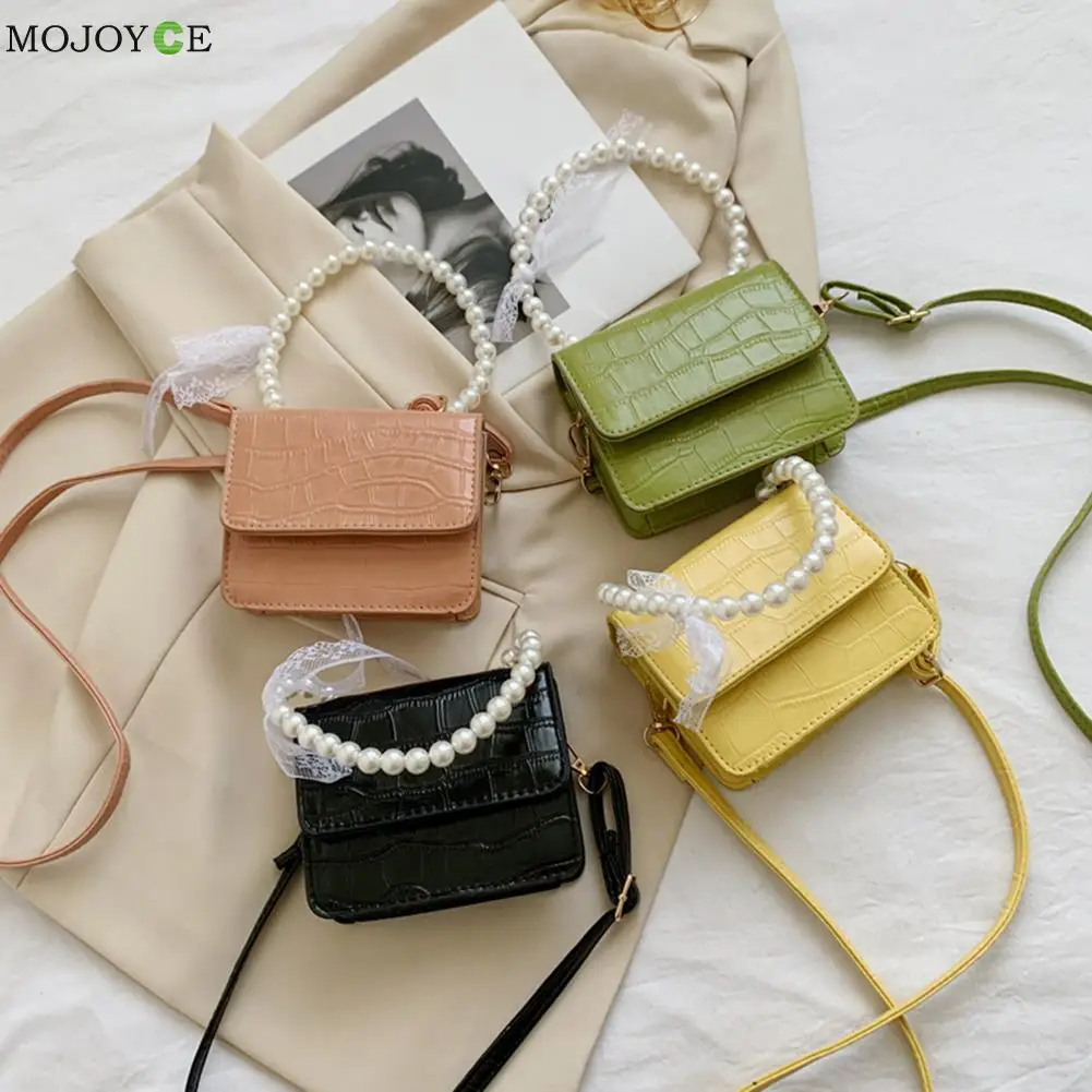 

Fashion Women Stone Pattern PU Leather Pearl Chain Shoulder Crossbody Messenger Bag Casual Ladies Solid Color Mini Handbag Flap