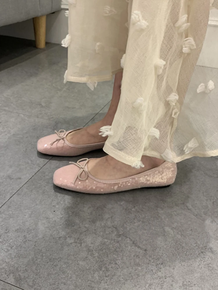 Женская обувь в Корейском стиле с квадратным носком Туфли бантом на плоской