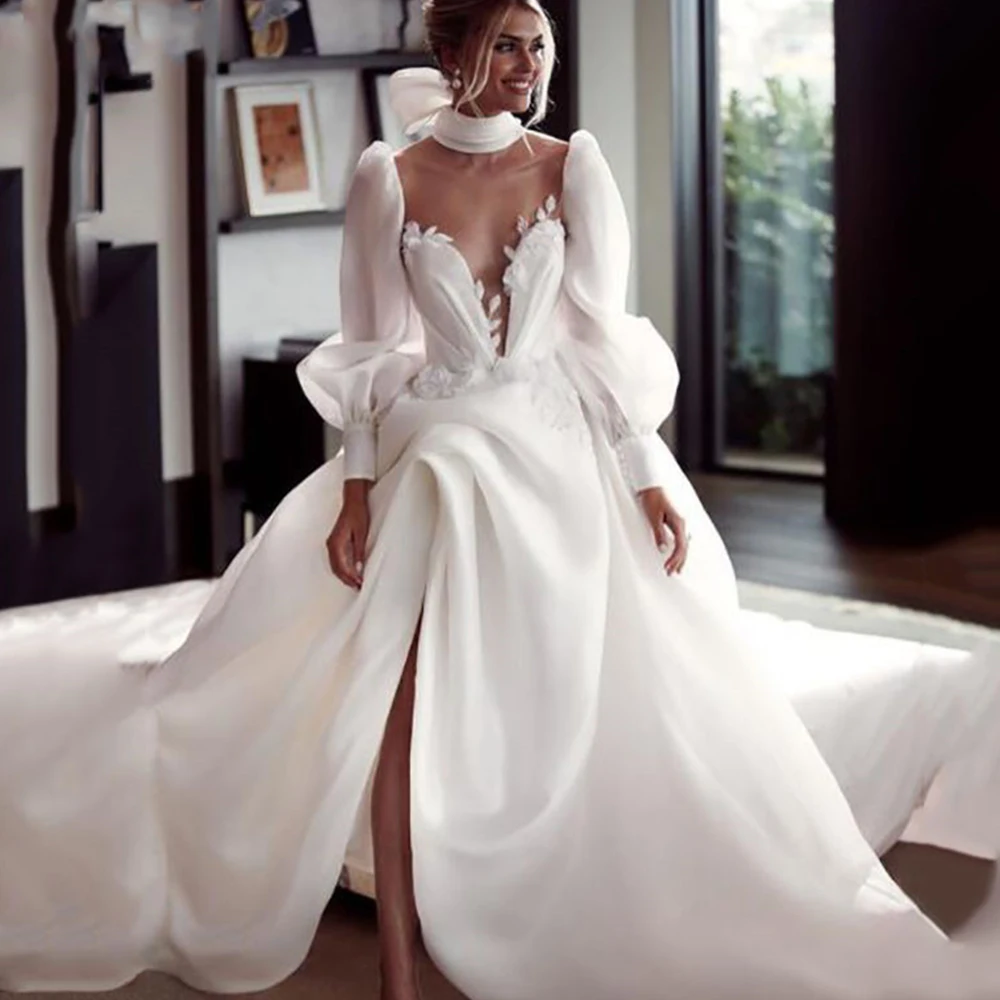 

Princess White A Line Wedding Dress Illusion High Neck Long Puff Sleeve Side Slit Lace Applique Bridal Gowns 2021 Robe De Mariée