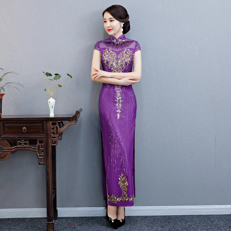 

Purple Exquisite Appliques Sequins Trim Cheongsam Female Elegant Mandarin Collar Long Qipao Sexy Slim Chinese Formal Party Dress
