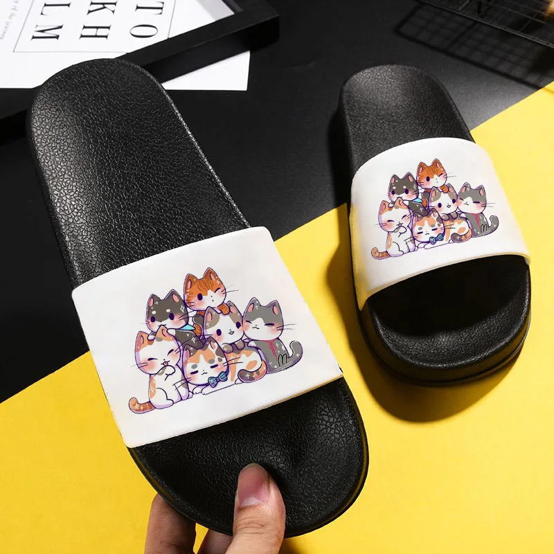 

Summer Custom Women Slippers Beach Cute Cat Print Slippers Flat Thick Bottom Slippers Non-slip Bathroom Bedroom Cartoon Slippers