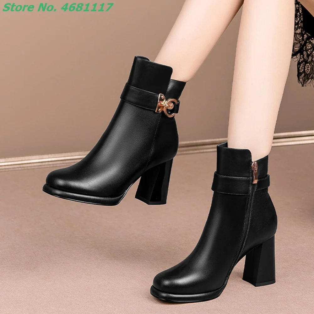 

Platform High Heels Metal Decoration Irregular Boots Round Toe Side Zipper Block Heels Ankle Shoes Newest Women Street Style