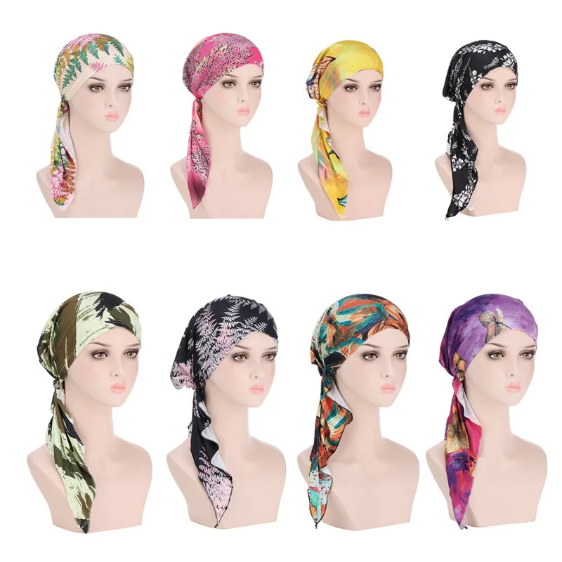 

2021 New Women Muslim Fashion Hijab Flower Print Hat Turban Head Cover Hair Scarf Wrap Pre-tied Bandana Pullover Cap Casual
