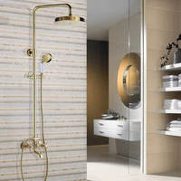 gold color brass two cross handles wall mounted bathroom rain shower head bath tub faucet set telephone shape hand spray mgf355