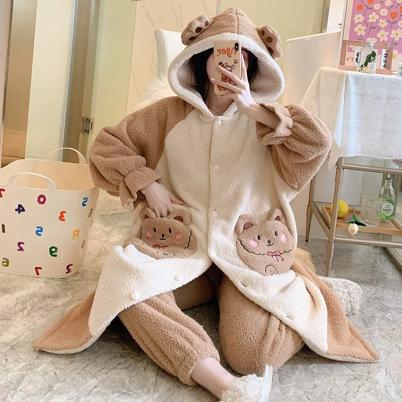 2 Piece Pajama Set Women Cute Korean Pajamas Plush Hooded Flannel Pajamas Woman Winter Badjas Dames Schlafanzug Home Clothes