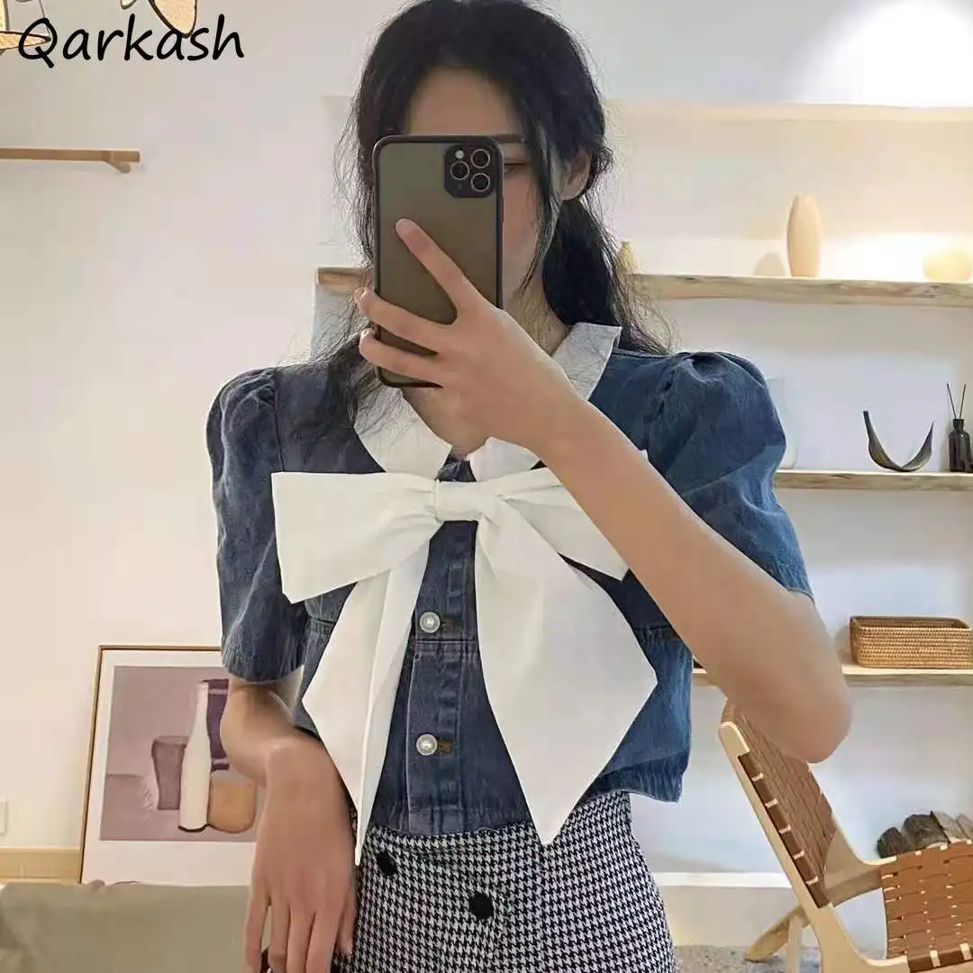 

Shirts Women Denim Crops Female Summer Sweet Girls Casual Single Breasted Bow Design Ulzzang Patchwork Mujer Blusas Popular Soft