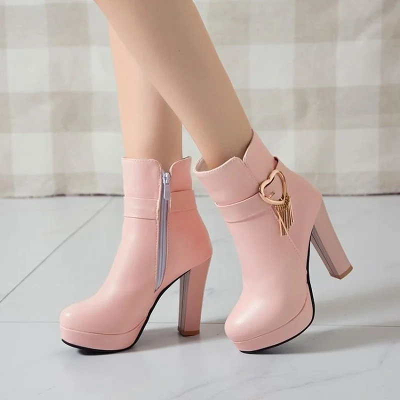 

Autumn Winter White Ankle Boots Women Platform Short Boots Shoes Women's Ankle Boots Large Size Fashion Buckle High Heels Pink