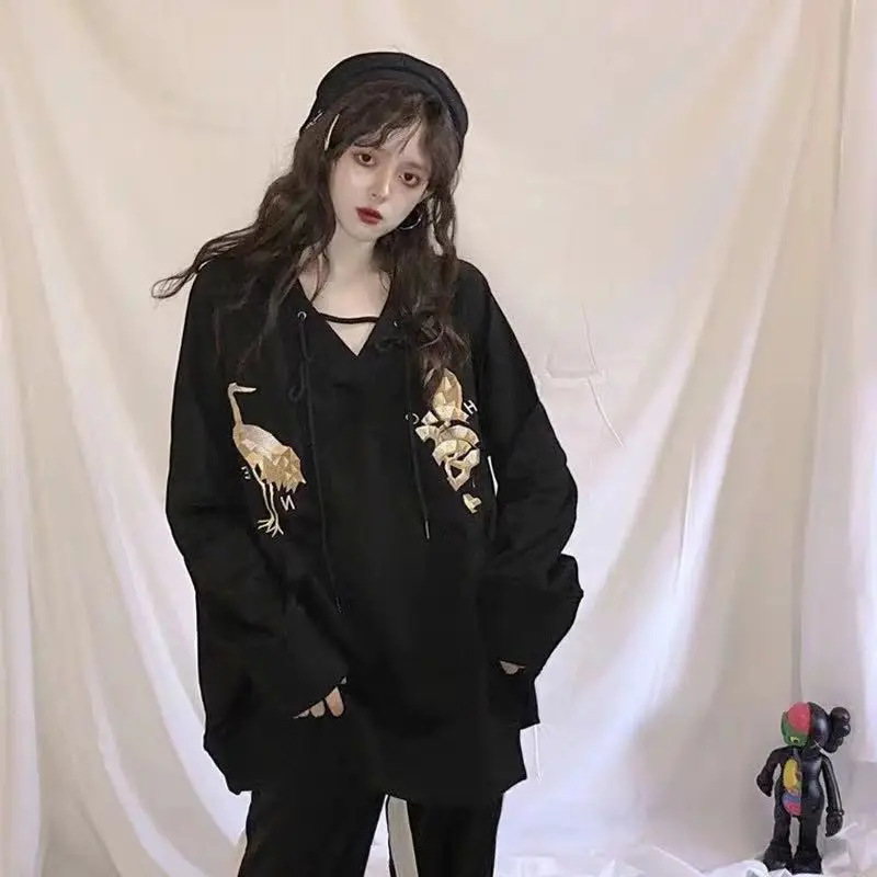 

Spring Harajuku embroidered v-neck long sleeve vests female fat mm 150.00kg loose jacket student hip hop jacket